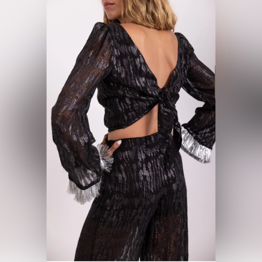 SUNDRESS Women's Black Silver Tinsel Holiday Edo Crop Top NWT XS/S #2348